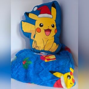 LIKE NEW Pokémon Pikachu Christmas Throw Blanket and Hugger Pillow set